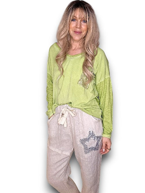 Lime Long Sleeve Sequin Patch Tee