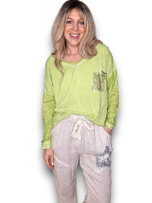 Lime Long Sleeve Sequin Patch Tee