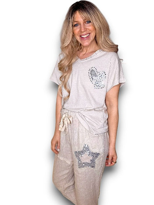 Beige Diamante Heart Tee