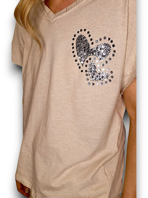 Beige Diamante Heart Tee