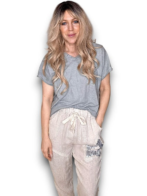 Olive Grey Diamante Heart Tee