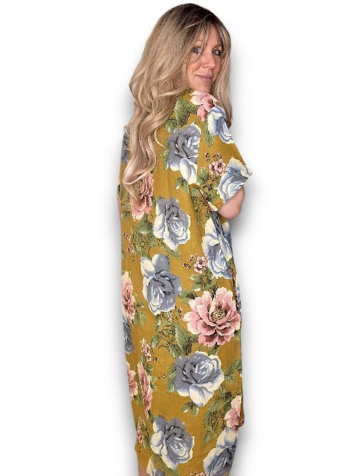 Mustard Bright Bloom V-Neck Maxi Dress with Buttons
