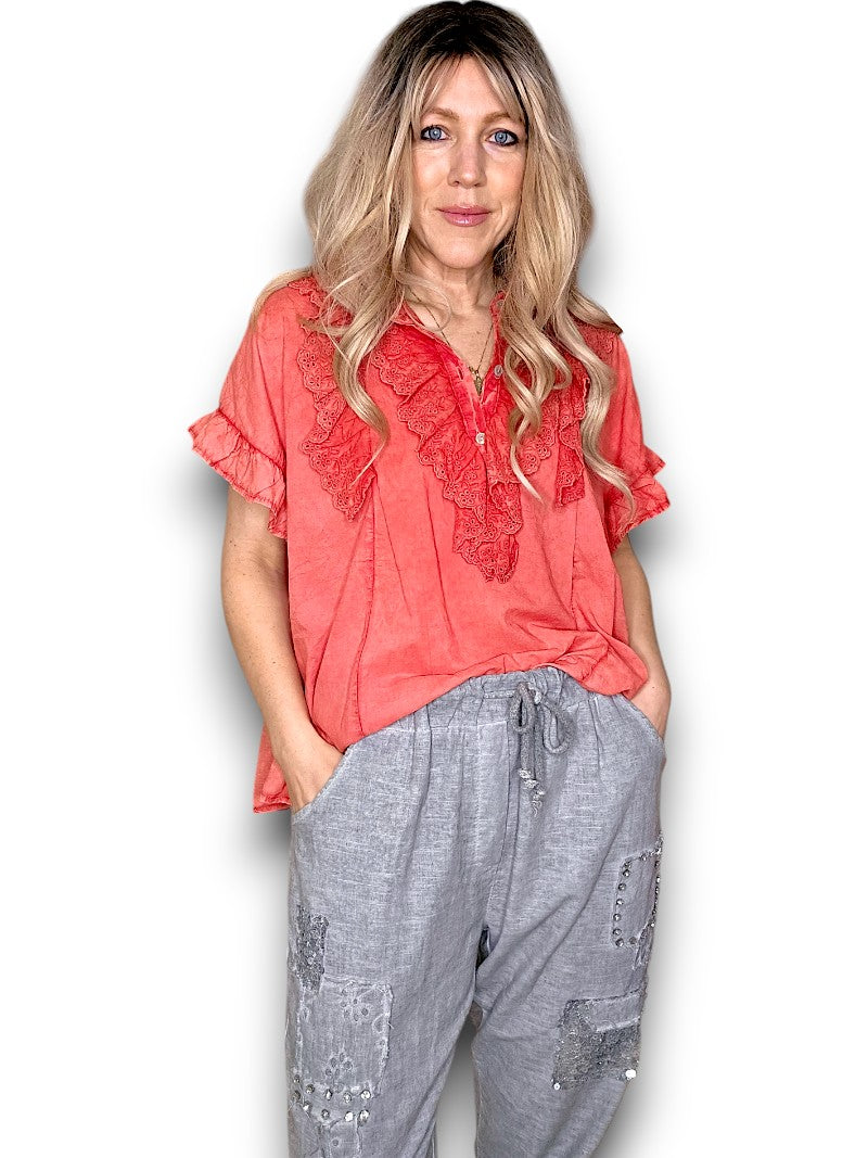 Coral Eyelet Top