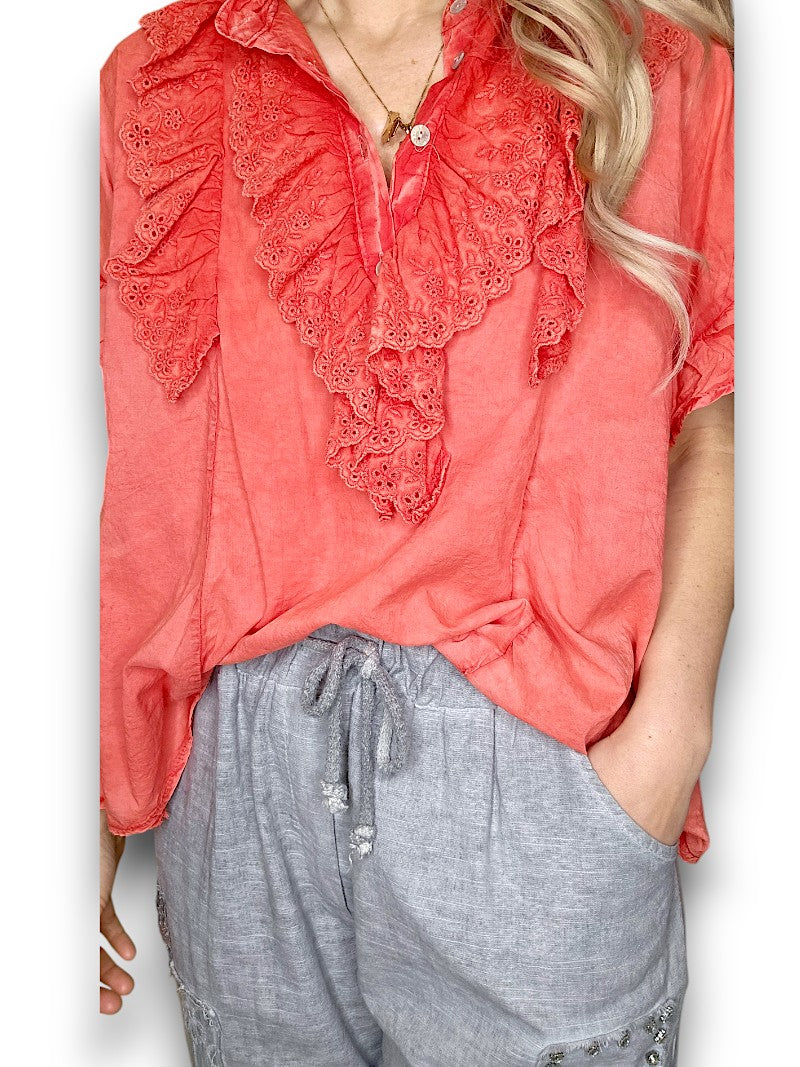 Coral Eyelet Top