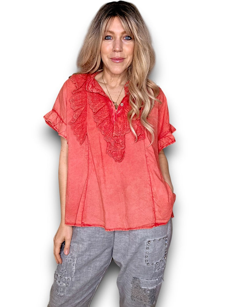 Coral Eyelet Top