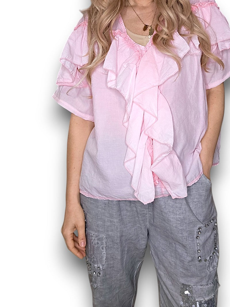 Bubbelgum Pink Frill Short Sl Top