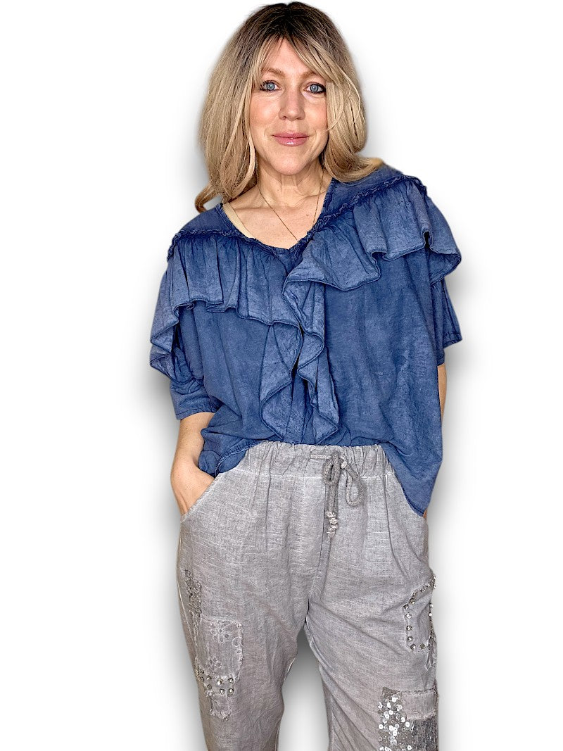 Faded Navy Frill Short Sl Top
