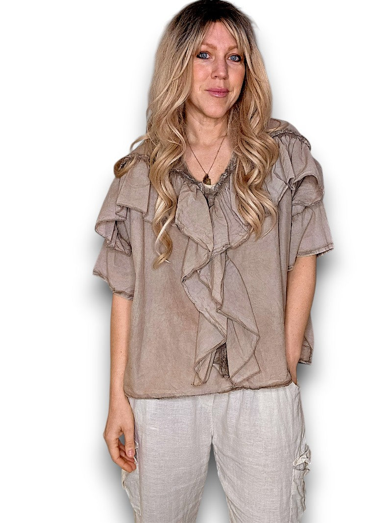 Faded Mocha Frill Short Sl Top