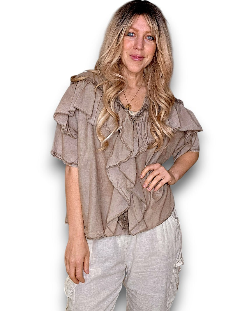 Faded Mocha Frill Short Sl Top
