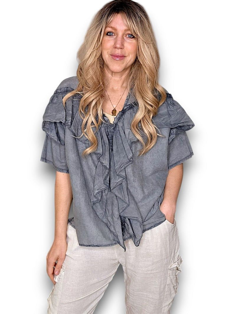 Faded Grey Frill Short Sl Top
