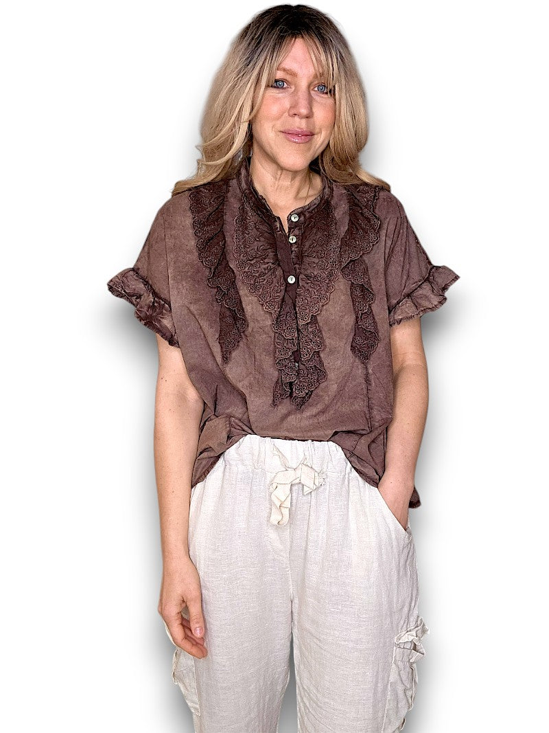 Dark Coffee Eyelet Top