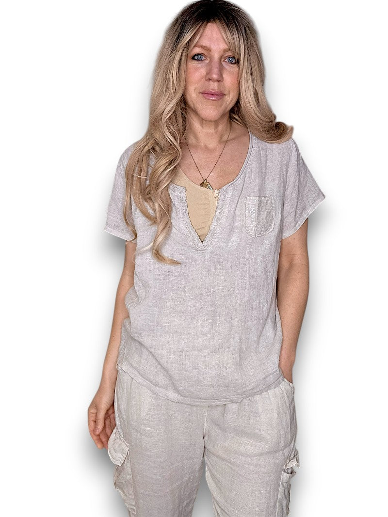 Beige Rodeo Sequin Pkt Tee