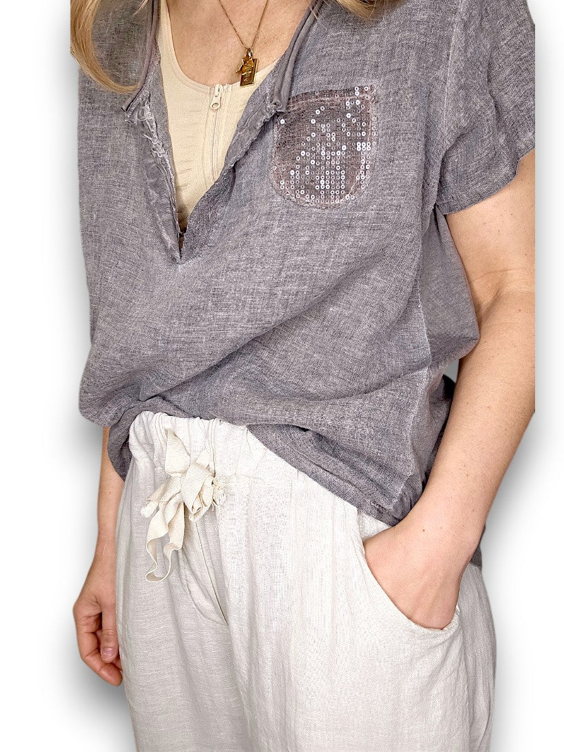 Pale Grey Rodeo Sequin Pkt Tee
