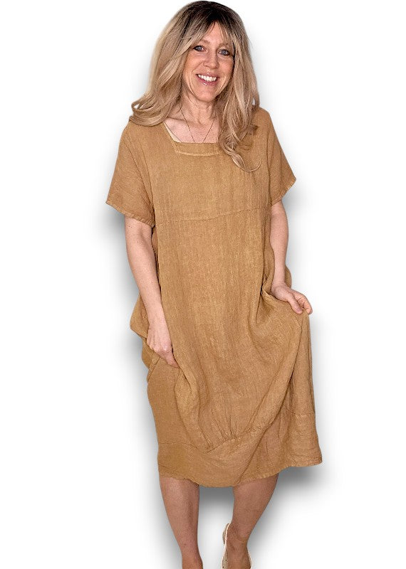Caramel Plain Mid Sleeve Maxi Dress