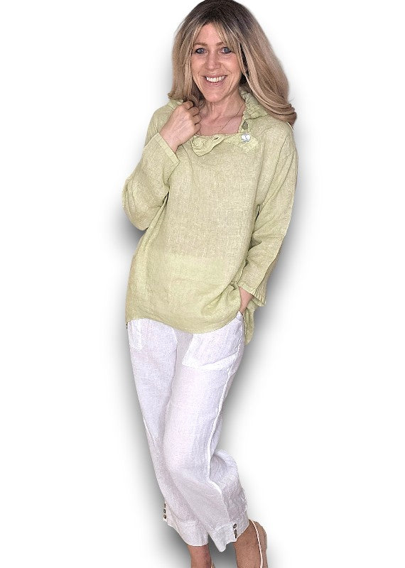 Antique Lime Pearl Button Moku Long Sleeve Top