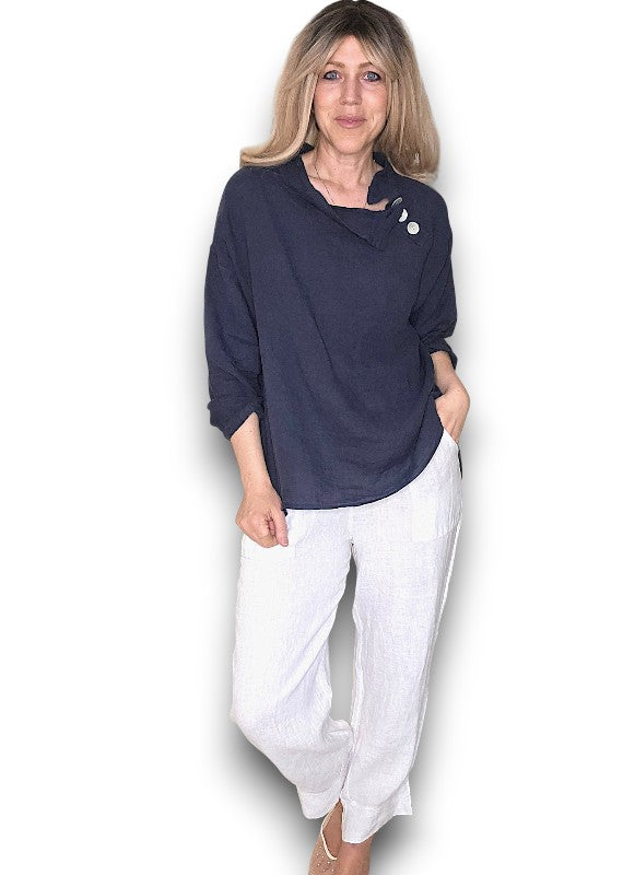 Navy Pearl Button Moku Long Sleeve Top