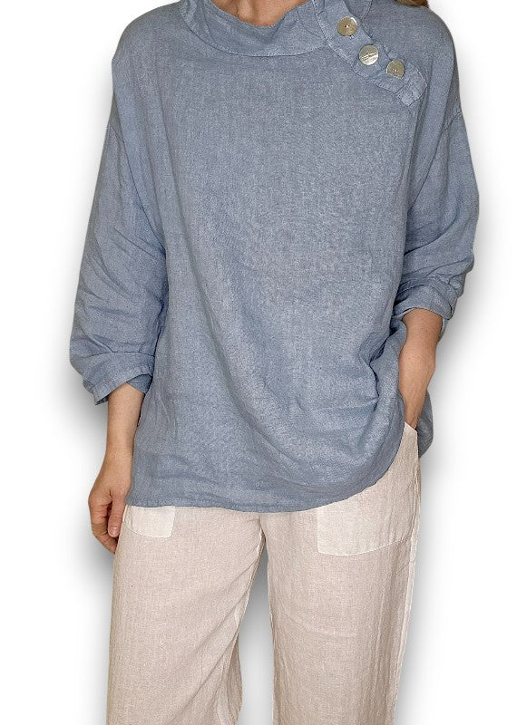 Petrol Pearl Button Moku Long Sleeve Top