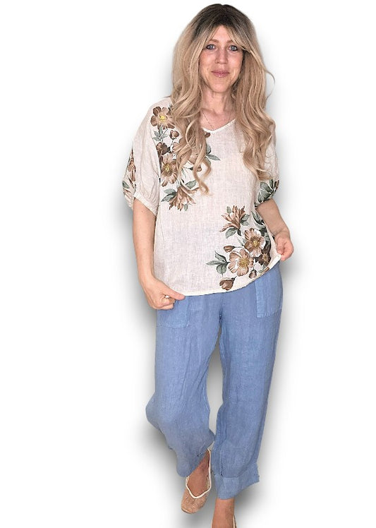 Petrol Mini Button Linen Pants