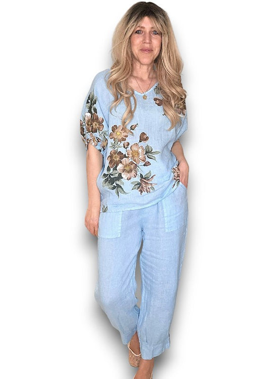 Sky Blue Mini Button Linen Pants