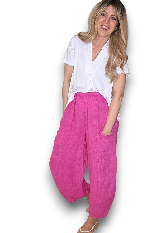 Hot Pink Barrel Linen Pants