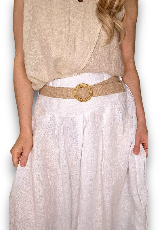White Midi Raffia Belt Linen Skirt