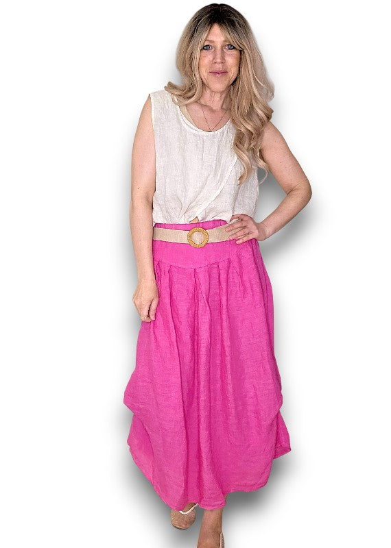 Hot Pink Midi Raffia Belt Linen Skirt