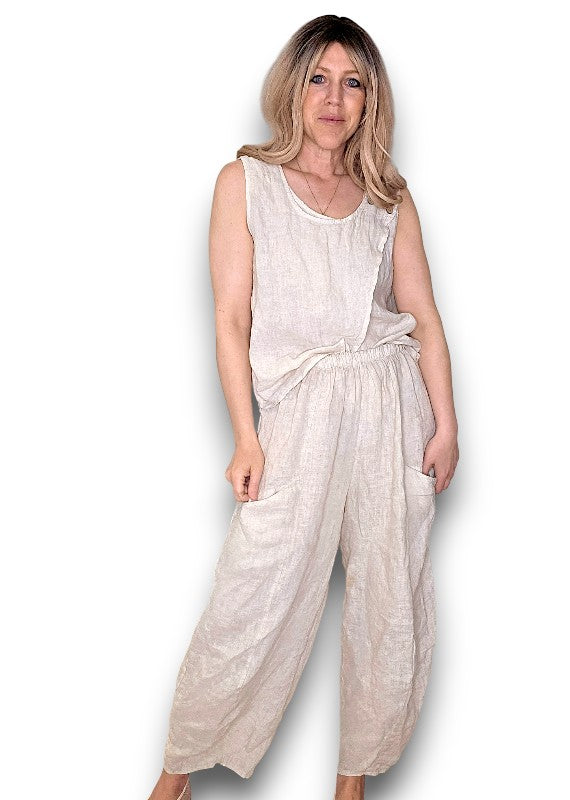 Beige Overlap Linen Tank Top