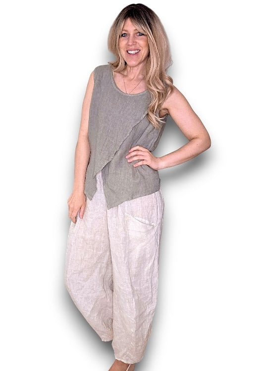 Mocha Overlap Linen Tank Top