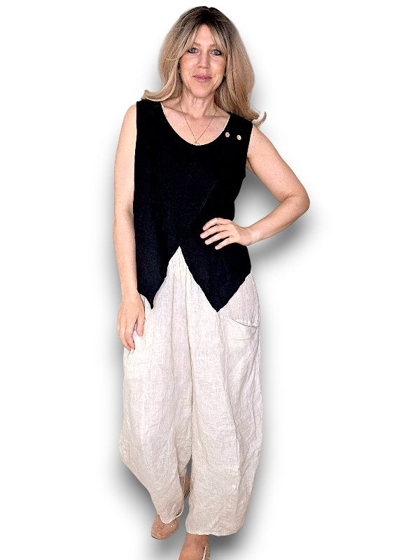 Black Overlap Linen Tank Top