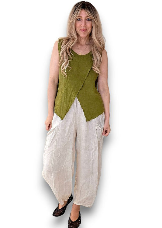 Olive Green Overlap Linen Tank Top