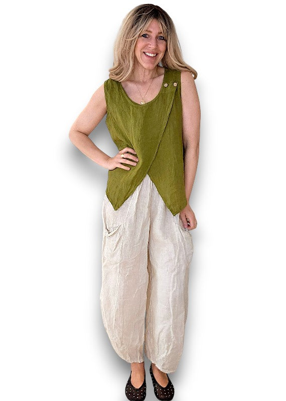 Olive Green Overlap Linen Tank Top