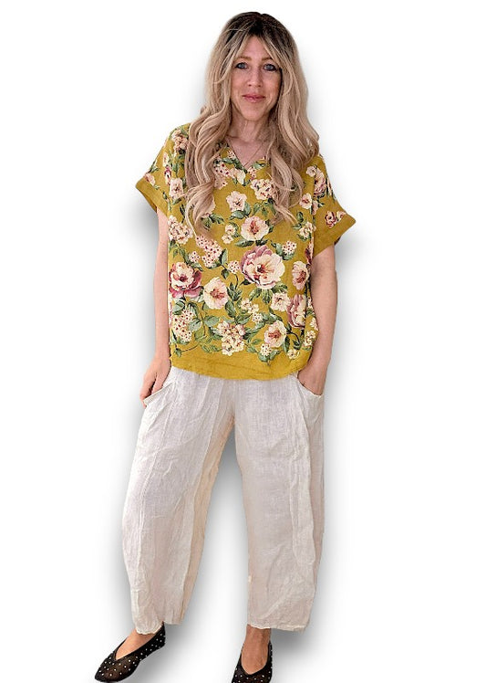Mustard Ruby Blossom Linen Top