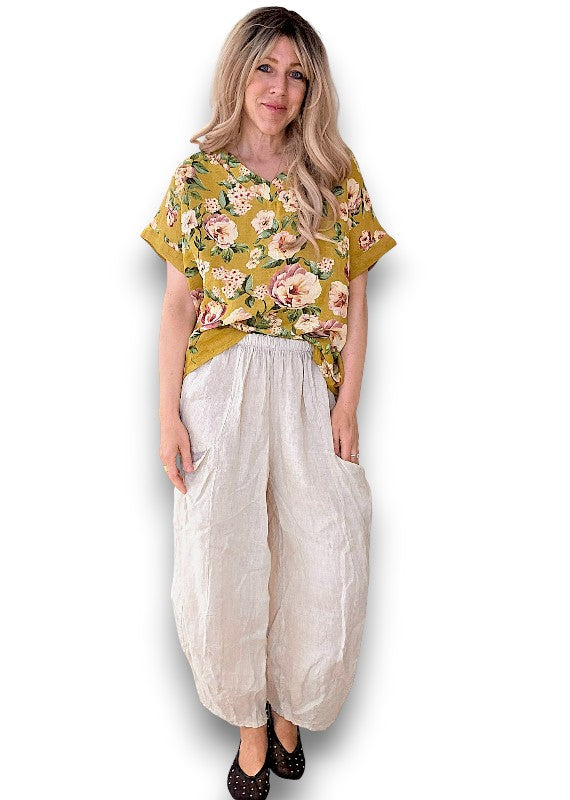 Mustard Ruby Blossom Linen Top