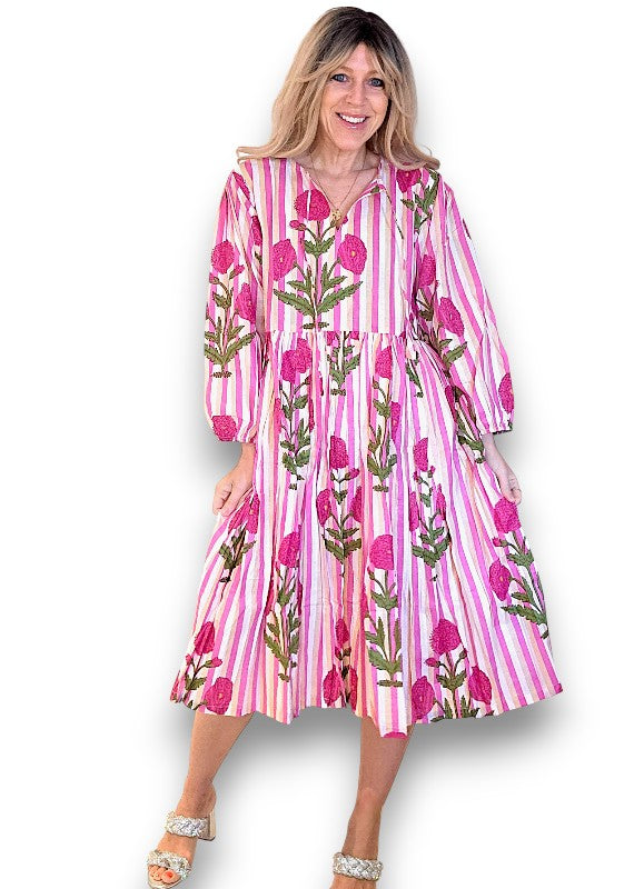 IDA IVY Pouf Sl Dress/Pink Dahlia Stripe