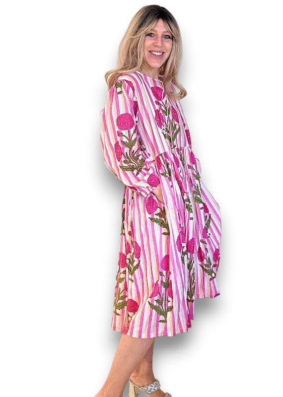 IDA IVY Pouf Sl Dress/Pink Dahlia Stripe