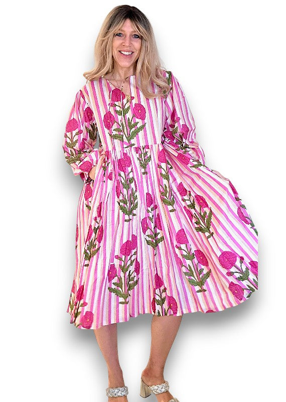IDA IVY Pouf Sl Dress/Pink Dahlia Stripe
