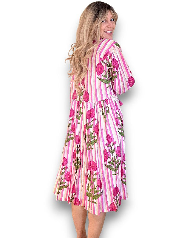 IDA IVY Pouf Sl Dress/Pink Dahlia Stripe