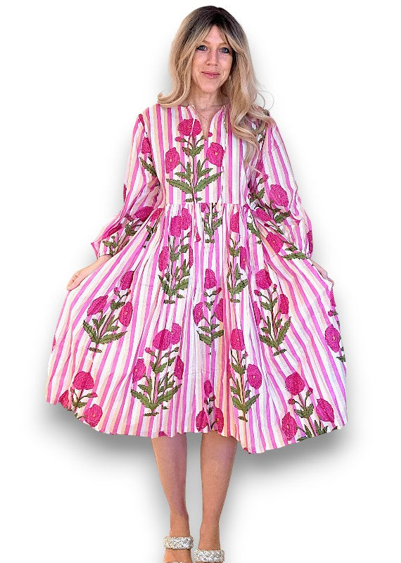 IDA IVY Pouf Sl Dress/Pink Dahlia Stripe