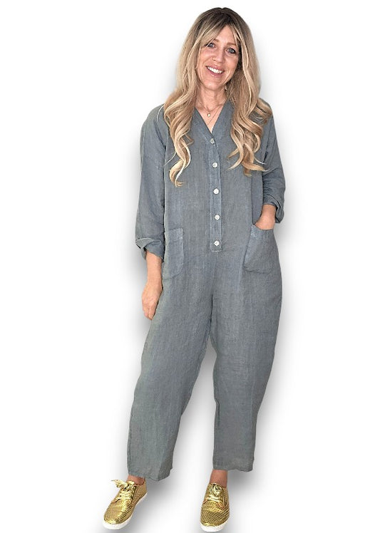 Grey Pearl Front Buttons Long Sl Jumpsuit