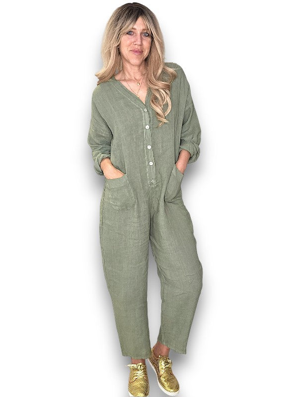 Forest Pearl Front Buttons Long Sl Jumpsuit