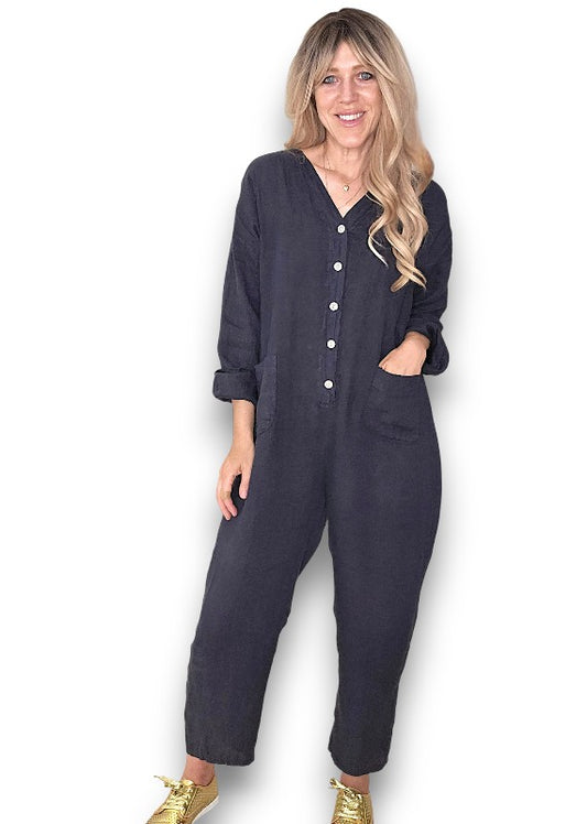Navy Pearl Front Buttons Long Sl Jumpsuit