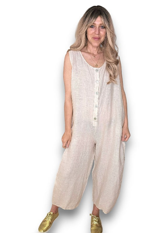 Beige Pearl Front Buttons Jumpsuit
