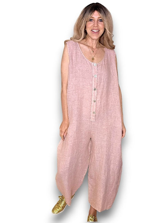 Baby Pink Pearl Front Buttons Jumpsuit