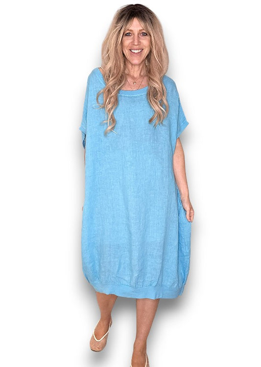 Turquoise Plain Elastic Hem Dress