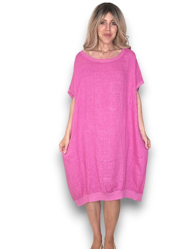 Hot Pink Plain Elastic Hem Dress