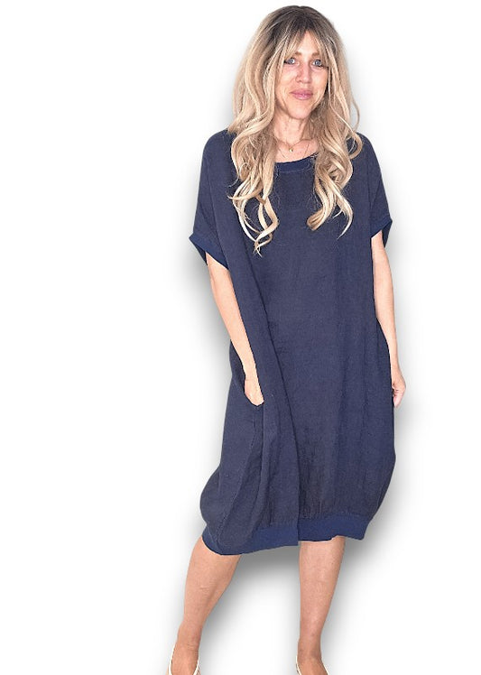Navy Plain Elastic Hem Dress