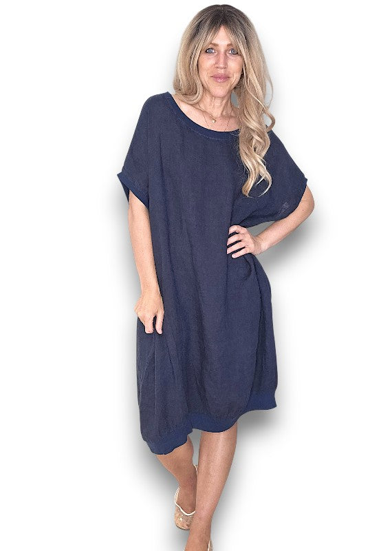 Navy Plain Elastic Hem Dress