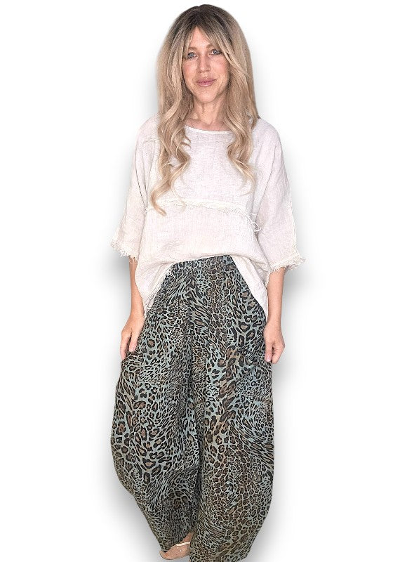 Sage Leopard Barrel Linen Pants