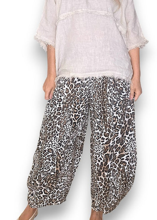 White Leopard Barrel Linen Pants