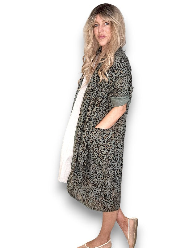 Drk Forest Leopard Linen Cover Up